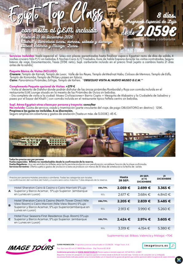 Egipto TOPCLASS 8 días de viaje de Lujo con precios hasta diciembre 2026 ¡Incluye visita al GEM! desde 2059 &euro; 