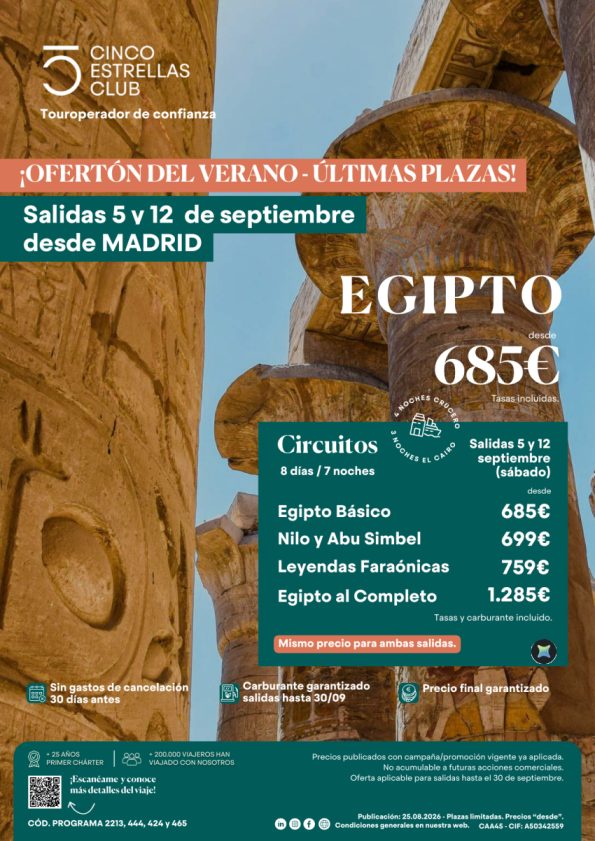 Últimas Plazas| Bajamos precios Egipto desde 685 &euro; 8d/7n sal 5 y 12 de septiembre (sábado) desd MADRID