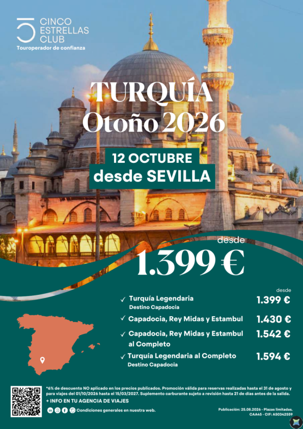 Turquia - vuelo regional  salida 12 de octubre desde SEVILLA - 8d/7n desde 1.399 &euro; - precios más bajos