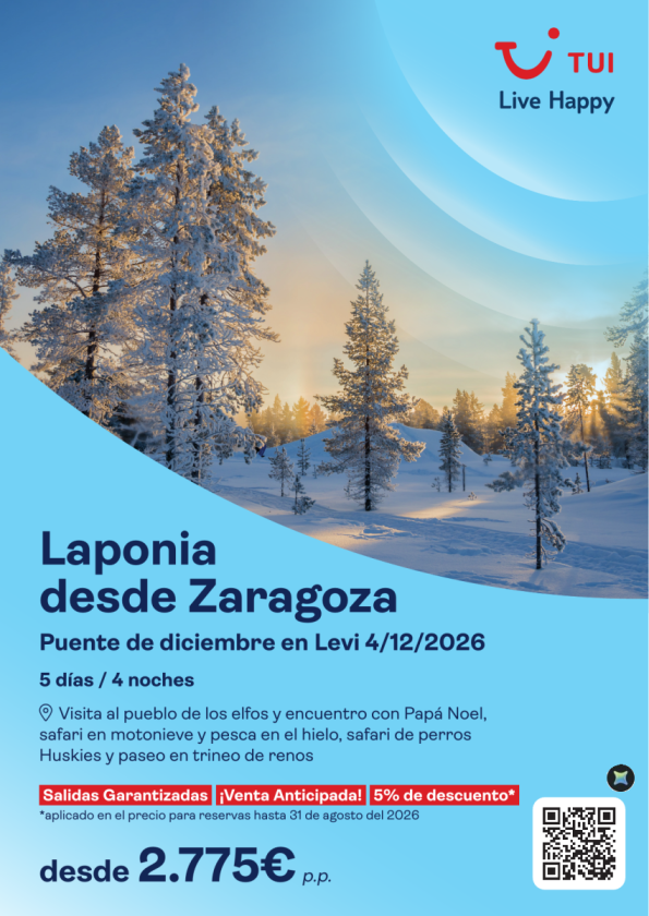 Laponia. Puente de diciembre en Levi desde ZAZ. 5 días / 4 noches. 5%Dto VA desde 2.775 &euro; 