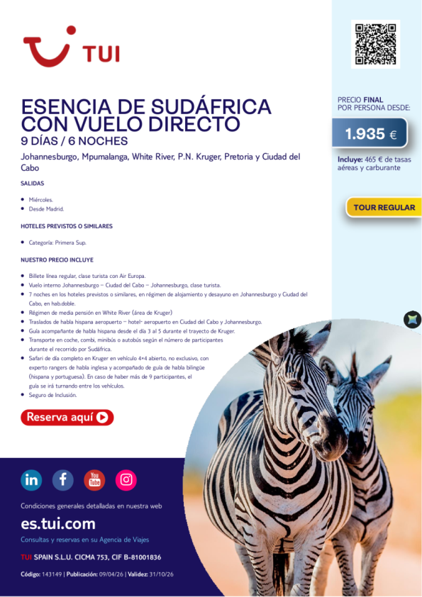 Esencia de Sudáfrica con vuelo directo. Tour Regular. 9 d / 6 n. Salidas miércoles de MADRID desde 1.935 &euro; 