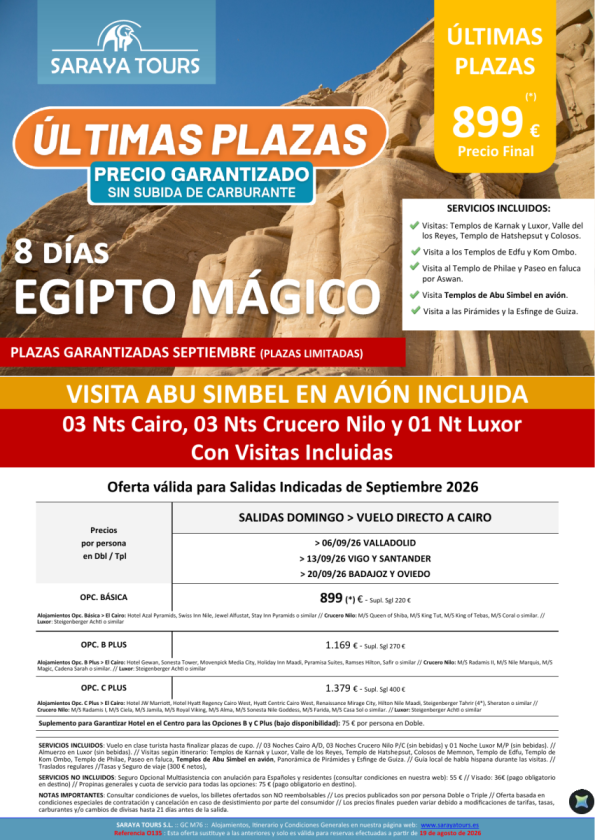 ?Salida Badajoz 20/09/26 Egipto Mágico con Abu Simbel en Avión ¡¡Últimas Plazas!!