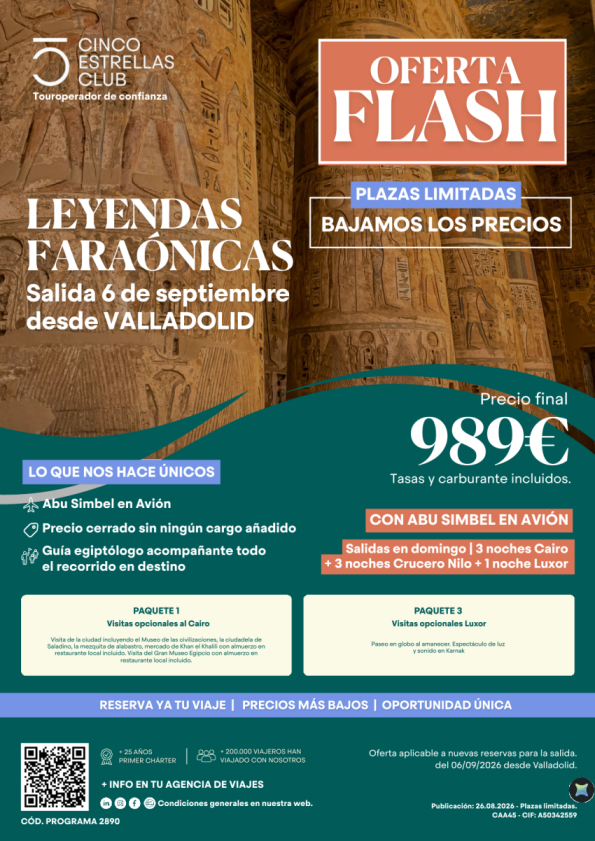 Ofertón! Leyendas Faraónicas 8d/7n sal. 06 septiembre desde Valladolid  Pvp Final 989 &euro; - Precios + bajos