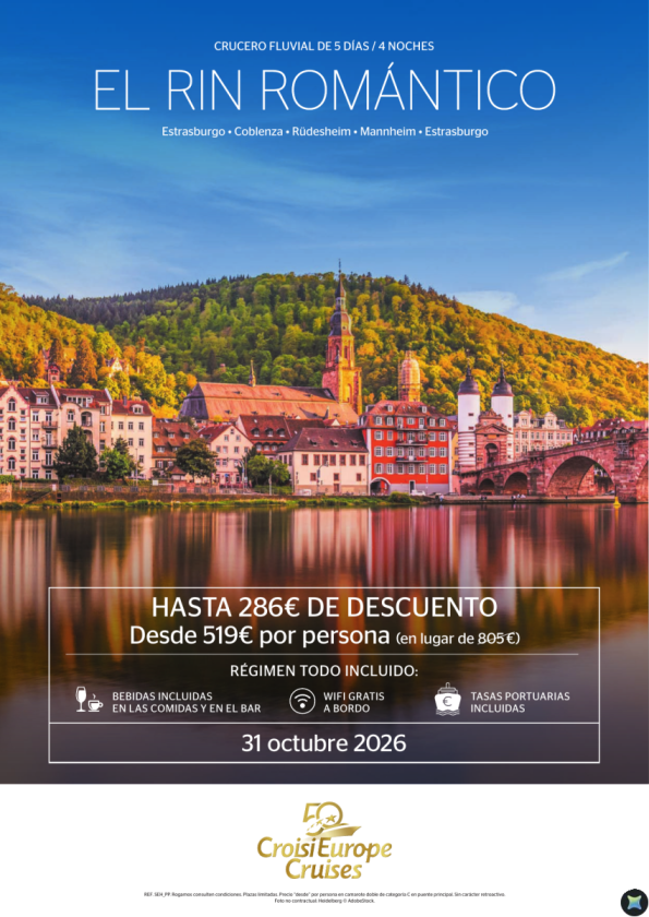 Hasta 286 &euro; de DESCUENTO - Crucero fluvial el Rin romántico - 5 días  - régimen Todo Incluido - 31 octubre