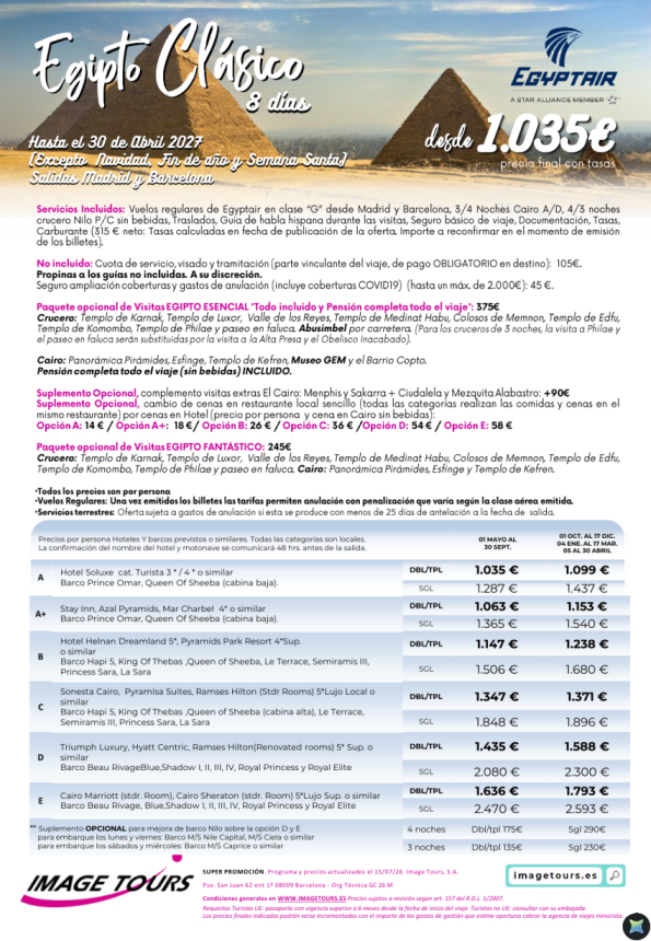 Egipto Clásico 8 días hasta abril 2027 desde 1035 &euro; en vuelo regular, con Crucero Nilo y Cairo