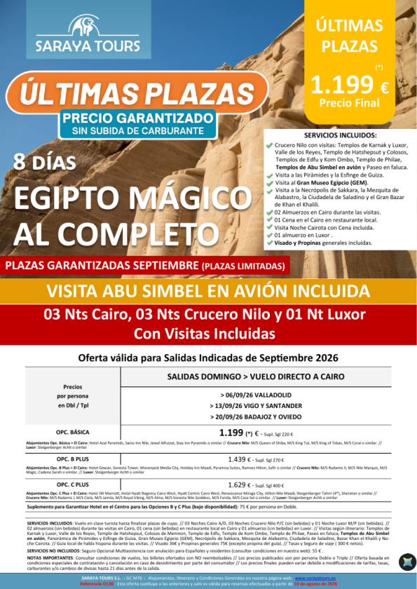 ?Últimas Plazas! Egipto Mágico al Completo con ABS Avión: Cai+Crz+Lxr Visitas Incluidas desde 1199 &euro; Sep.