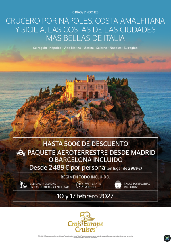 Hasta 500 &euro; DESCUENTO con vuelos incluidos - Crucero Nápoles y Sicilia - 8 días - Todo incluido - 10/02 y 17/02