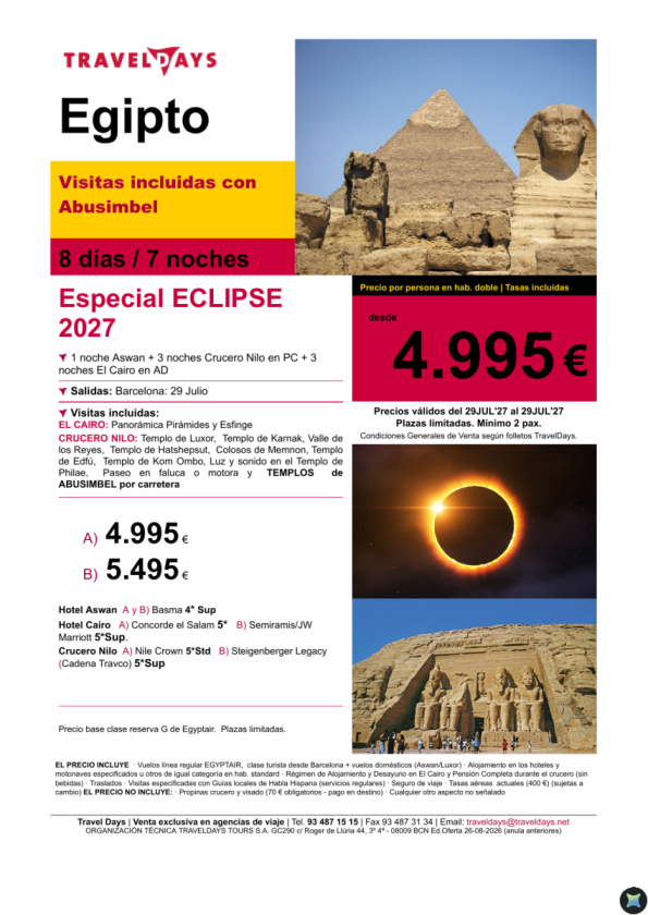 Especial ECLIPSE 2027 - Salida 29 Julio -BCN - Precio desde 4.995 &euro; 