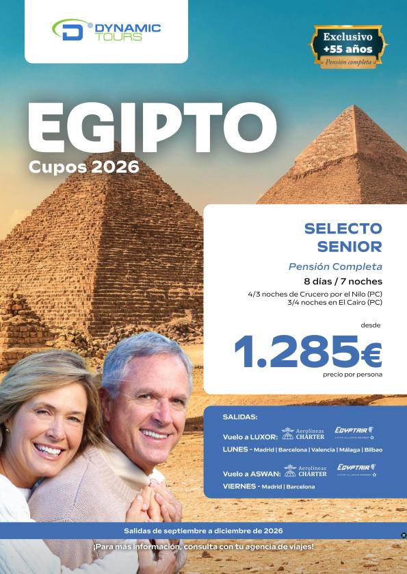 EGIPTO?Selecto Senior +55?3/4Crz + 4/3Cai (Incluye: agua, visado, cuotas, supl. carb. y asistencia)?dsd 1.285 &euro; 