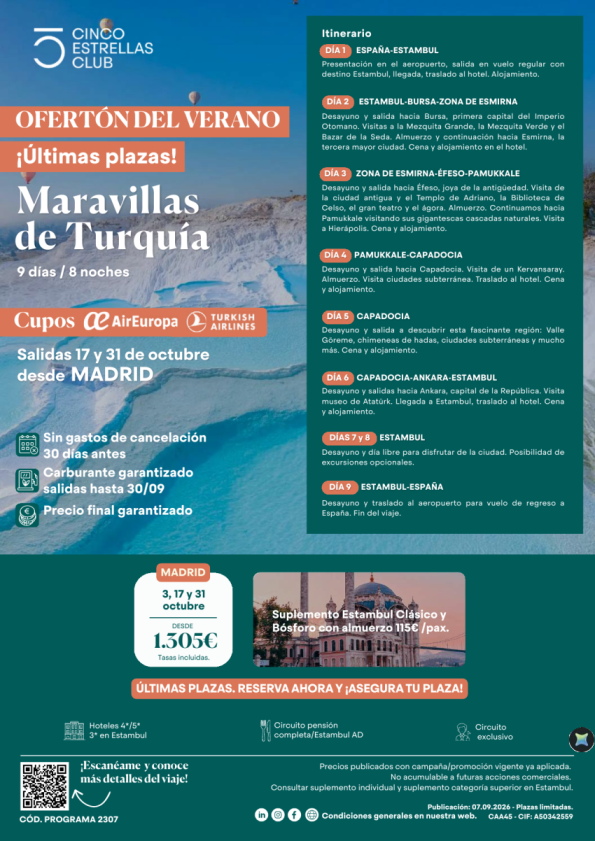 Últimas Plazas - Maravillas de Turquia  9ds/8n pvp final 1.305 &euro; sal. 17 y 31 de octubre desde MADRID