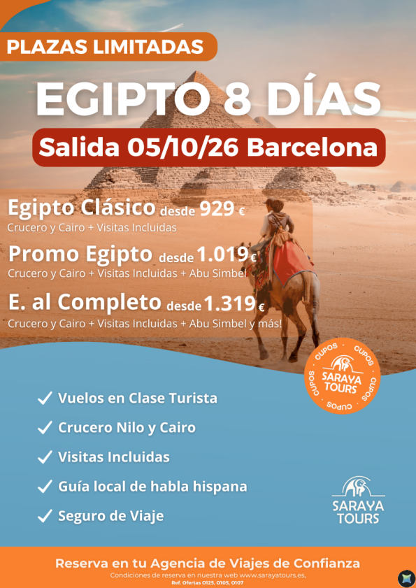 ?EGIPTO 8dias - Salida 05/10/26 - Barcelona - Crucero y Cairo- Desde 929 &euro; 