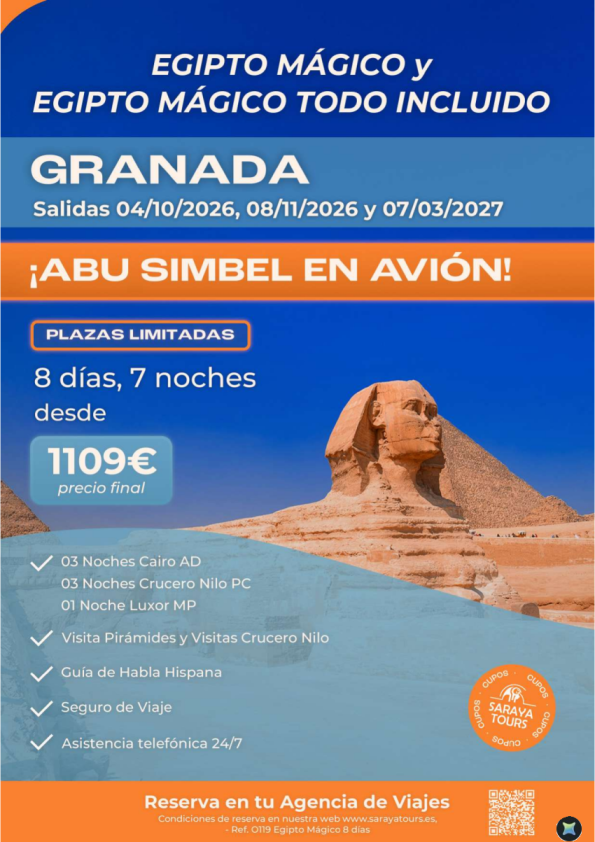 ?Salida Granada 15/11/26!!  Egipto Mágico con Abu Simbel en Avión. Consultar.