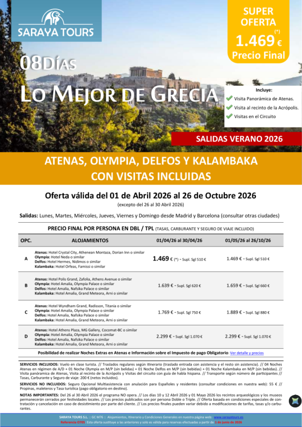 Promo! Lo Mejor de Grecia 8 días: Circuito Atenas, Olympia, Delfos y Kalambaka con Visitas hasta Oct 26