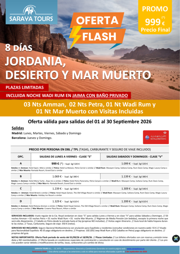 OFERTA FLASH Jordania con desierto y mar muerto 8 días! Salidas septiembre 2026. Desde 999 &euro; 
