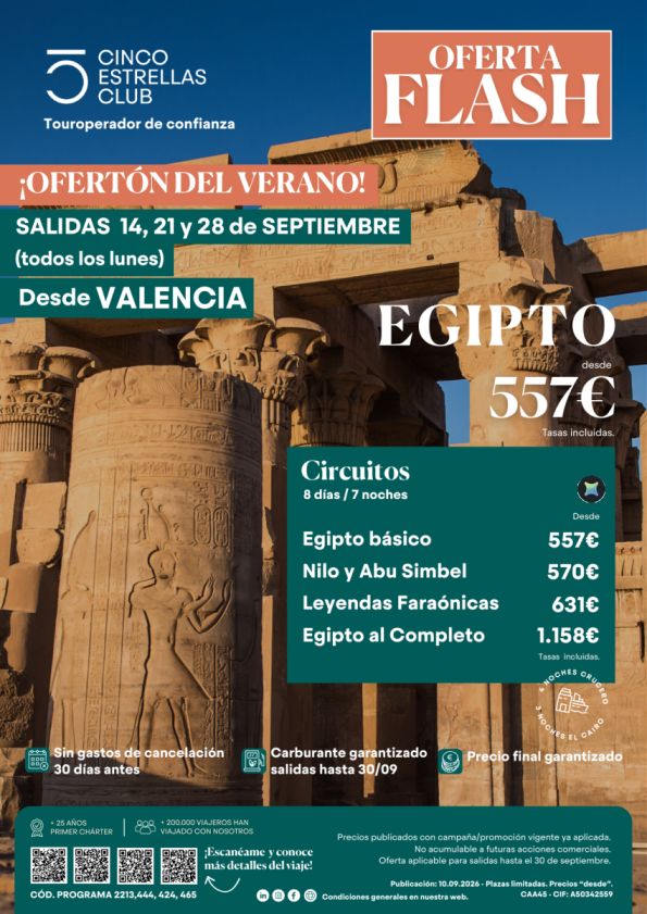 OFERTA FLASH? Egipto - 14, 21 y 28 de septiembre desde Valencia | pvp 557 &euro; ??
