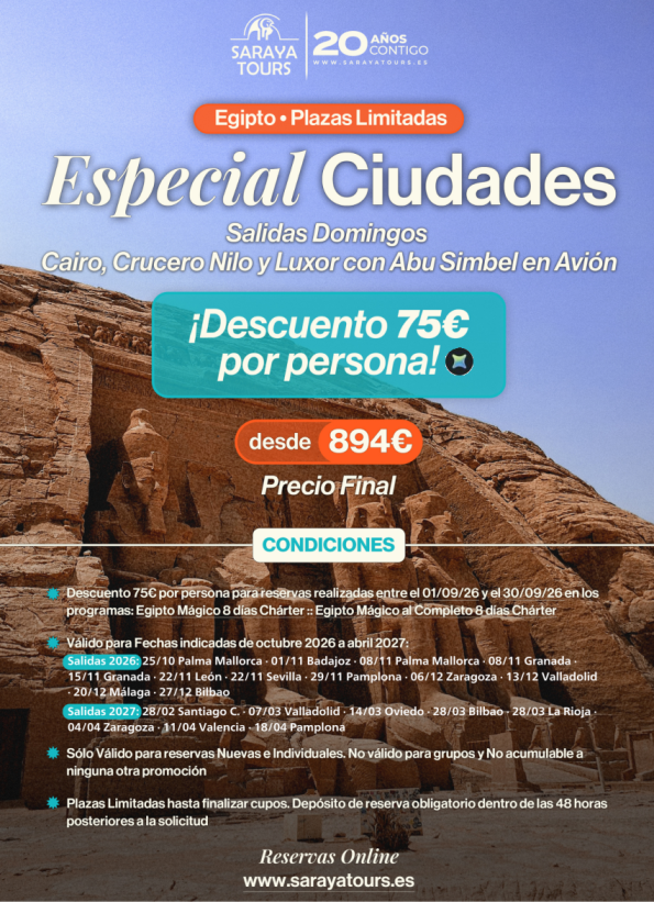 ?Campaña especial CIUDADES Egipto Mágico con ABS en avión incl. *Descuento 75 &euro; p.pax*. consultar fechas.
