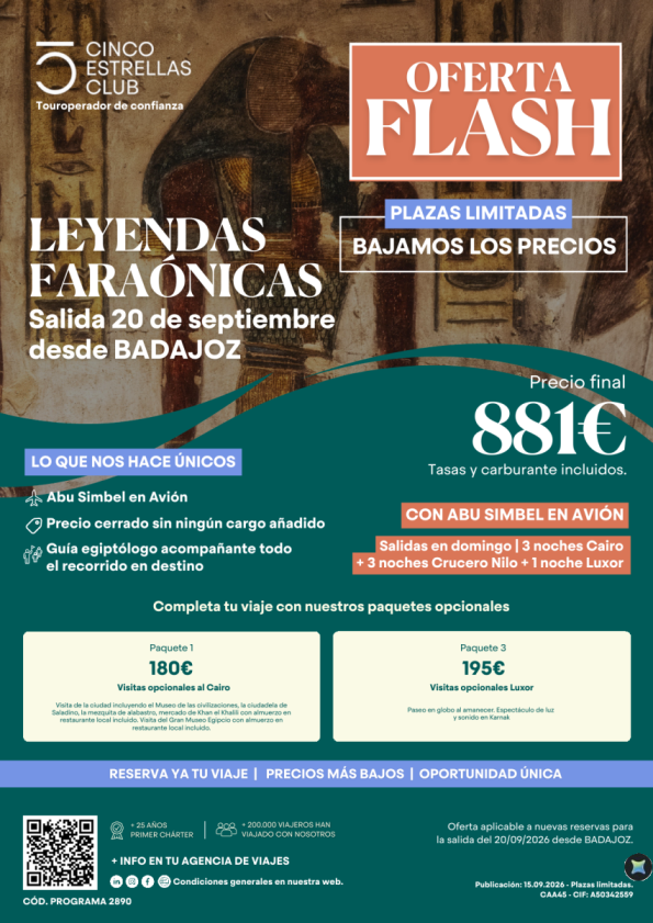 OFERTA flash? Egipto - 20 sep leyendas faraónicas desde BADAJOZ | pvp 881 &euro; ??