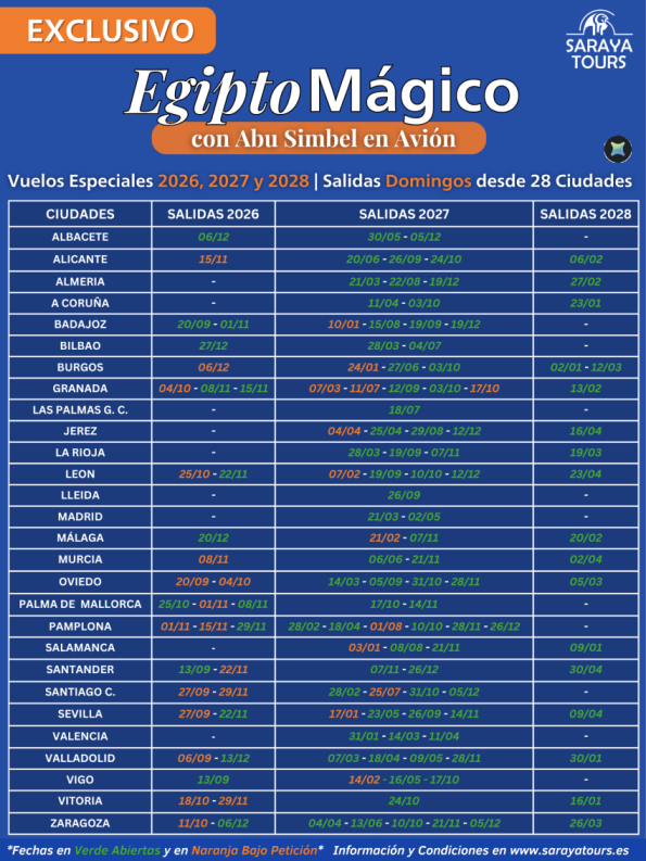 ? Nuevas Fechas & Ciudades  2026- 2027 - 2028 * Especial Ciudades * Egipto Mágico con ABS en avion.