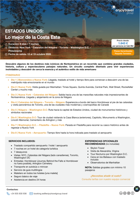 Salida garantizada ESTADOS UNIDOS lo mejor de la costa Este desde 1.643 &euro; 