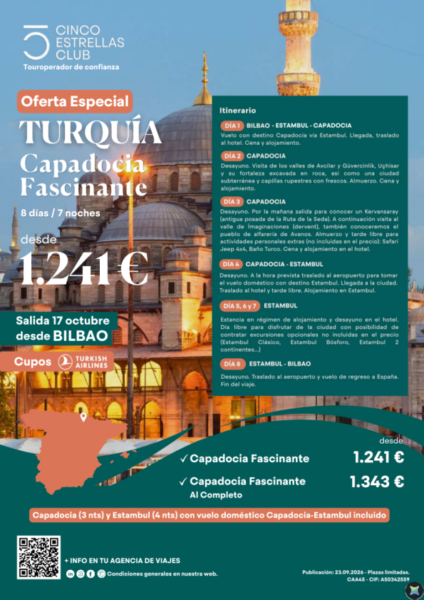 Turquia Oferta Especial -Capadocia Fascinante 8ds/7ns | Cupos  Turkish- sal 17 oct dsd BILBAO  desde 1.241 &euro; 