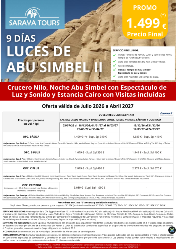 Luces de Abu Simbel 9d. Mad y Bcn*Crucero, Noche en Abu Simbel+Espectáculo y Cairo con Visitas*hasta Abril27
