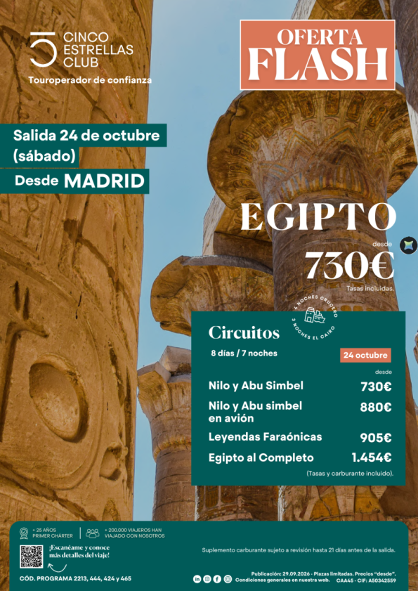 Oferta FLASH?| Egipto - últimas plazas sal. 24 de octubre (sabado) Desde 730 &euro; desde MADRID