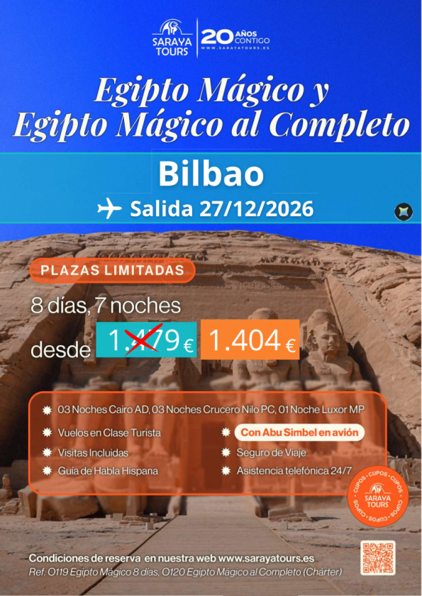 ?Salida Bilbao *27/12/26 * Egipto Mágico 8 días con Abu Simbel en Avión incluido. Plazas limitadas.