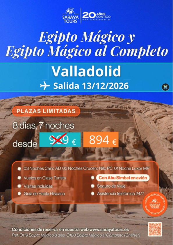 ?Salida Valladolid *13/12/26 * Egipto Mágico 8 días con Abu Simbel en Avión incluido. Plazas limitadas.