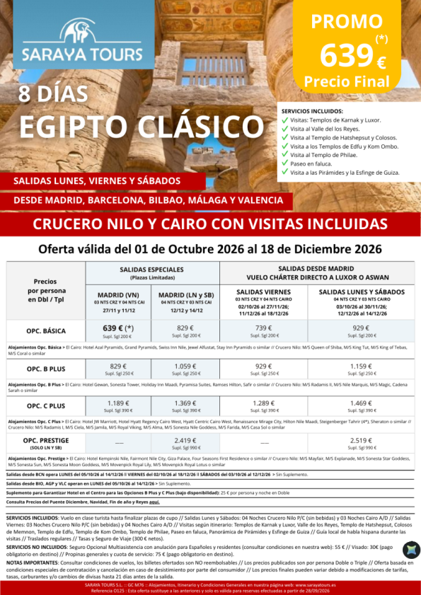 Egipto Clásico 8 días. Crucero y Cairo + visitas *Salidas Bcn, Mad ,Agp ,Bio & Vlc dsd 599 &euro; * hasta Sept27