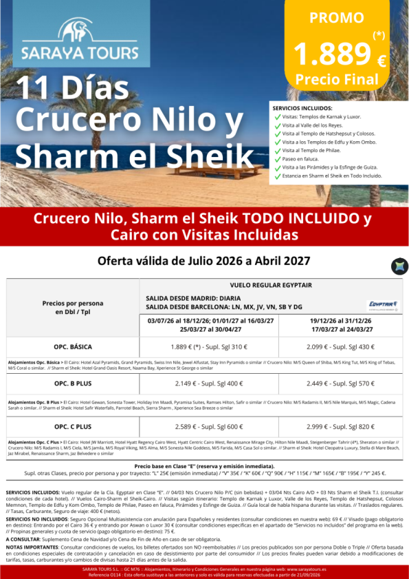 Crucero Nilo y Sharm el Sheik 11d Salida dsd Mad y Bcn *Crz, Sharm en T.I. y Cairo con Visitas* hasta Abril27