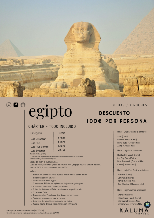 Chárter Egipto Todo Incluido - Salidas Octubre-Diciembre hasta 100 &euro; Descuento por persona!