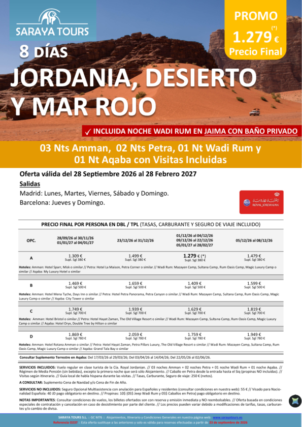 Jordania, Desierto y Mar Rojo 8 días: Amman, Petra, Wadi Rum, Aqaba con Visitas hasta Feb 28