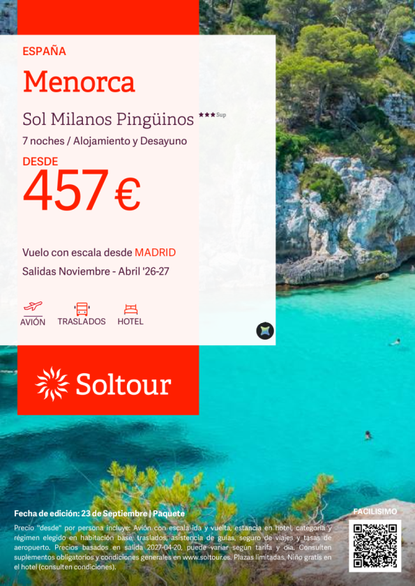 Menorca en Sol Milanos Pinguinos desde 457 &euro; , salidas de Noviembre - Abril desde Madrid