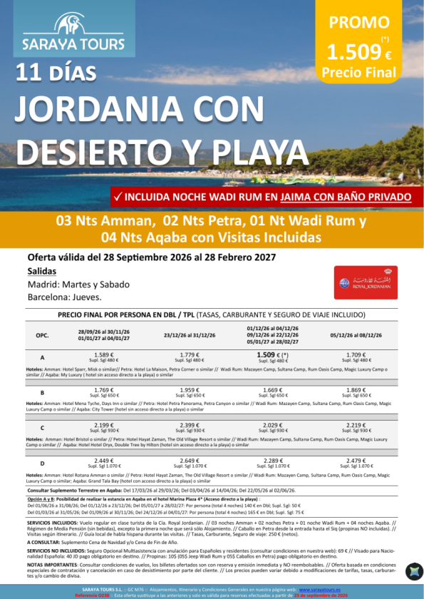 Jordania, Desierto y Playa 11 días: Amman, Petra, Wadi Rum, Aqaba con Visitas hasta Feb 28