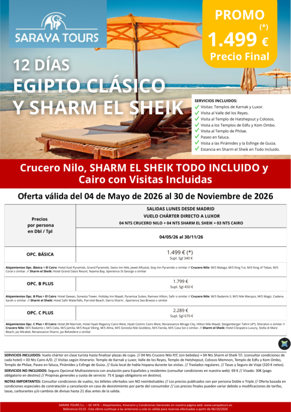 Egipto Clásico y Sharm el Sheik 12días * Vuelo charter Madrid * Crucero Nilo Sharm el Sheik Cairo. Hasta Nov 2